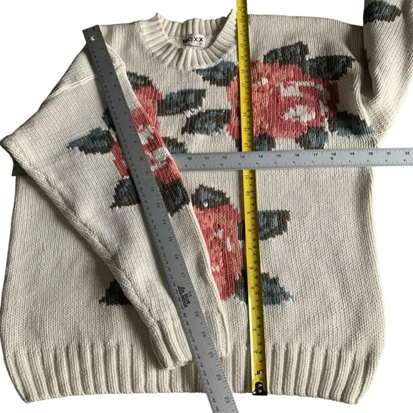 Mexx Sweater 100% Cotton Floral Motifs Jacquard 80s 90s MultiColor Pink Cream S - Picture 10 of 11